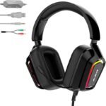 AJAZZ AX368 Gaming Headset with Noise Canceling Mic, Neon LED Light Effect, Compatible with PS4/PS5 Controller, Xbox One, Nintendo Switch, PC, Computer, Call Center(Black-Pink)