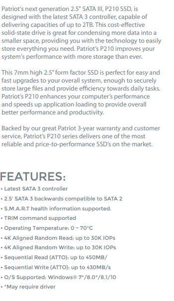 Patriot P210 Series - 2.5 SATA III Internal Solid State Drive