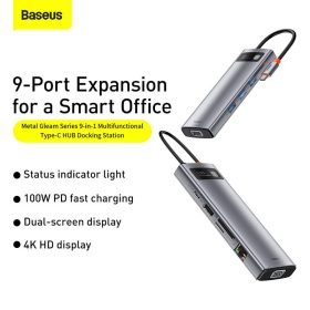 Baseus Metal Gleam Series 9-in-1 Multifunctional Type-C HUB Docking Station Space Gray（Type-C to HDMI*1+USB3.0*3+PD*1+RJ45*1+SD/TF*1+VGA*1)