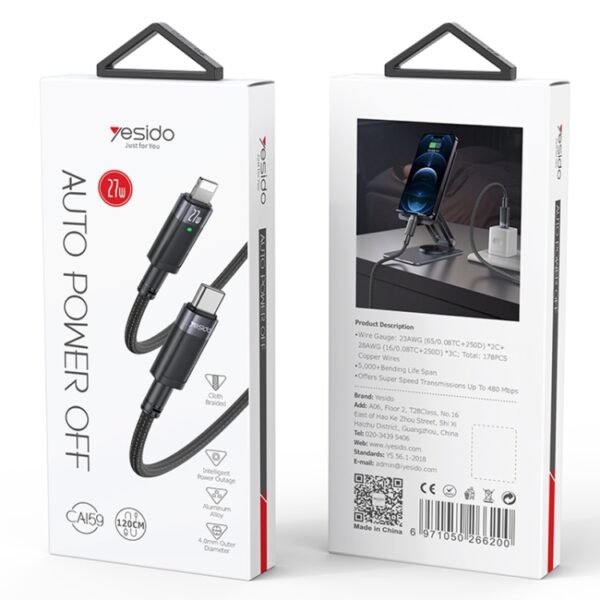 YESIDO CA159 27W USB-C / Type-C to 8 Pin Auto Power-off Charging Cable 1.2m - Black