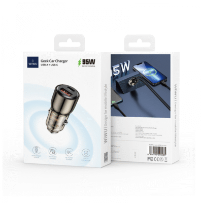 WIWU WI-QC012 95W PD+QC Kirsite Geek Fast Car Charger USB+Type-C – Transparent - Black