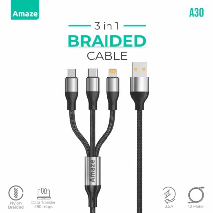 Amaze A30 3 In 1 USB to Micro TypeC iPhone 3.5A 1.2m Cable