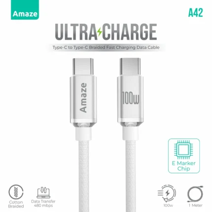 Amaze A42 Ultra Charge Type C To Type C Cable 100W 1M - White