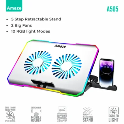 Amaze A505 Dual Fans RGB Cooling Laptop Stand with Phone Holder