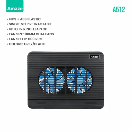 Amaze A512 Dual Silent Fan Laptop Cooling Pad – Black
