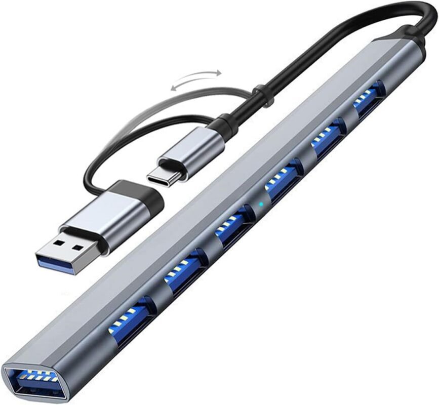 2 IN 1 7 Port Usb 3.0 Ultra Slim Portable Hub Aluminum Alloy