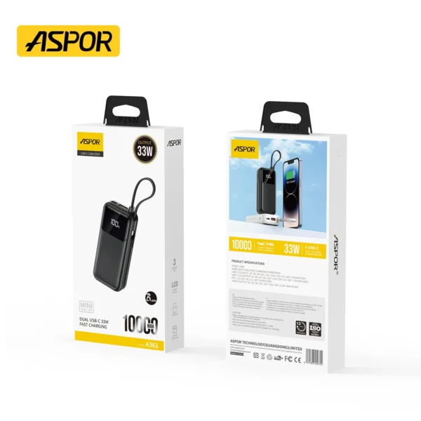 Aspor A361 10000mAh 33W Built-in Cable Power Bank Smart Charging