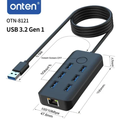 Onten OTN-8121 USB 3.2 Gen1 6-Port 5G Hub with Ethernet card and One-click Lock Screen Button